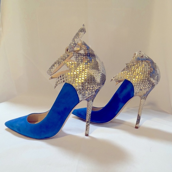 Julia Haart pump snake skin velvet leather mix blue heels size 37 Made in Italy - Picture 1 of 5